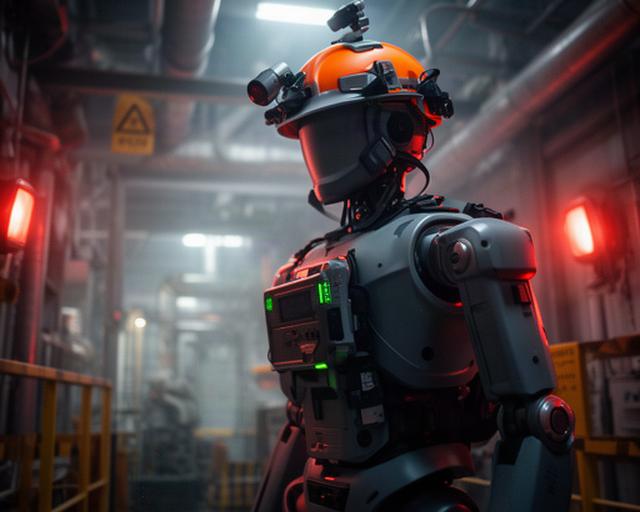 Robot humanoide equipado con sensores realizando una inspección en una infraestructura industrial crítica, con casco de protección y luces de emergencia